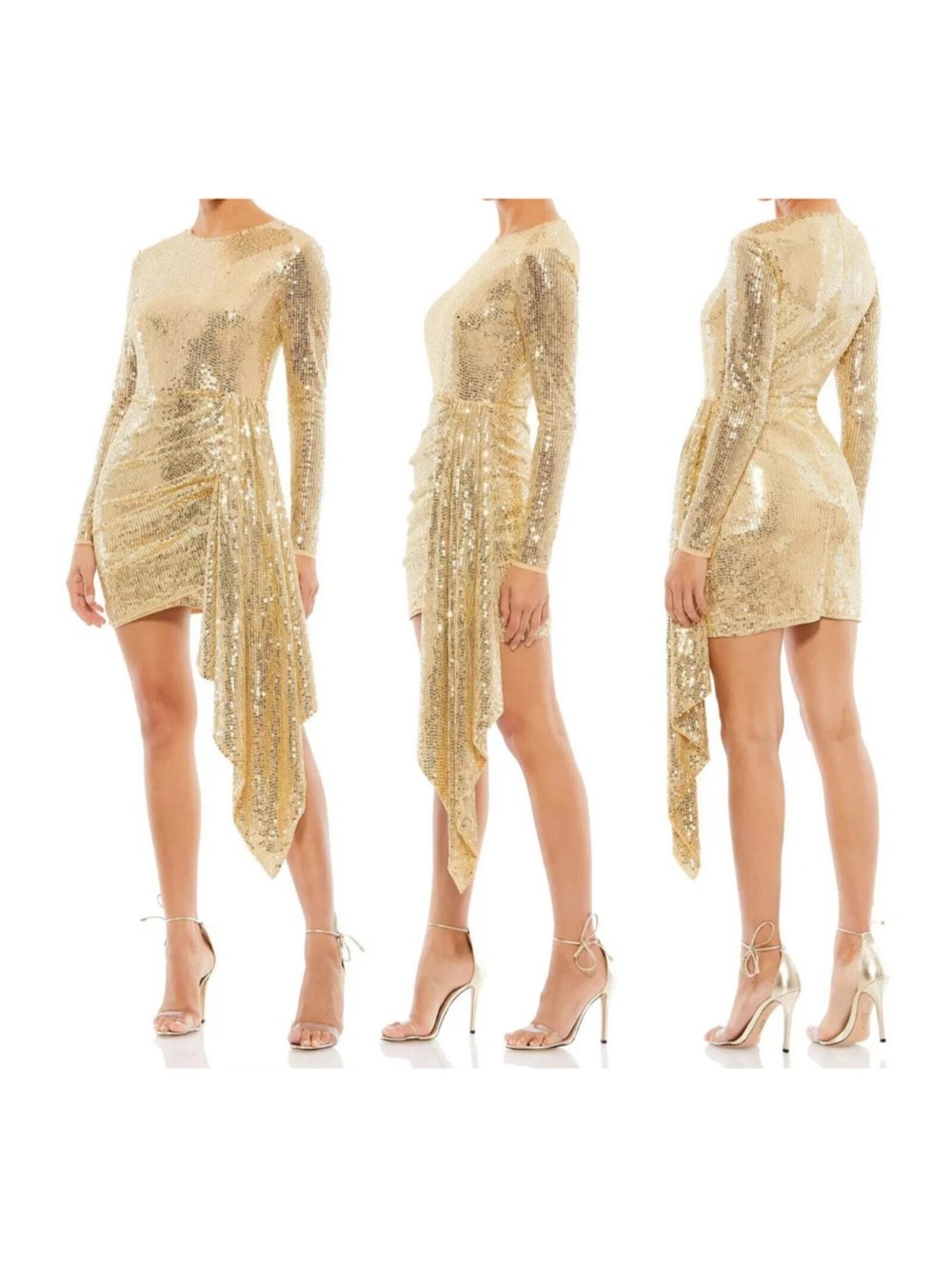Gold Sequin Long-Sleeve Asymmetric Cocktail Dress
